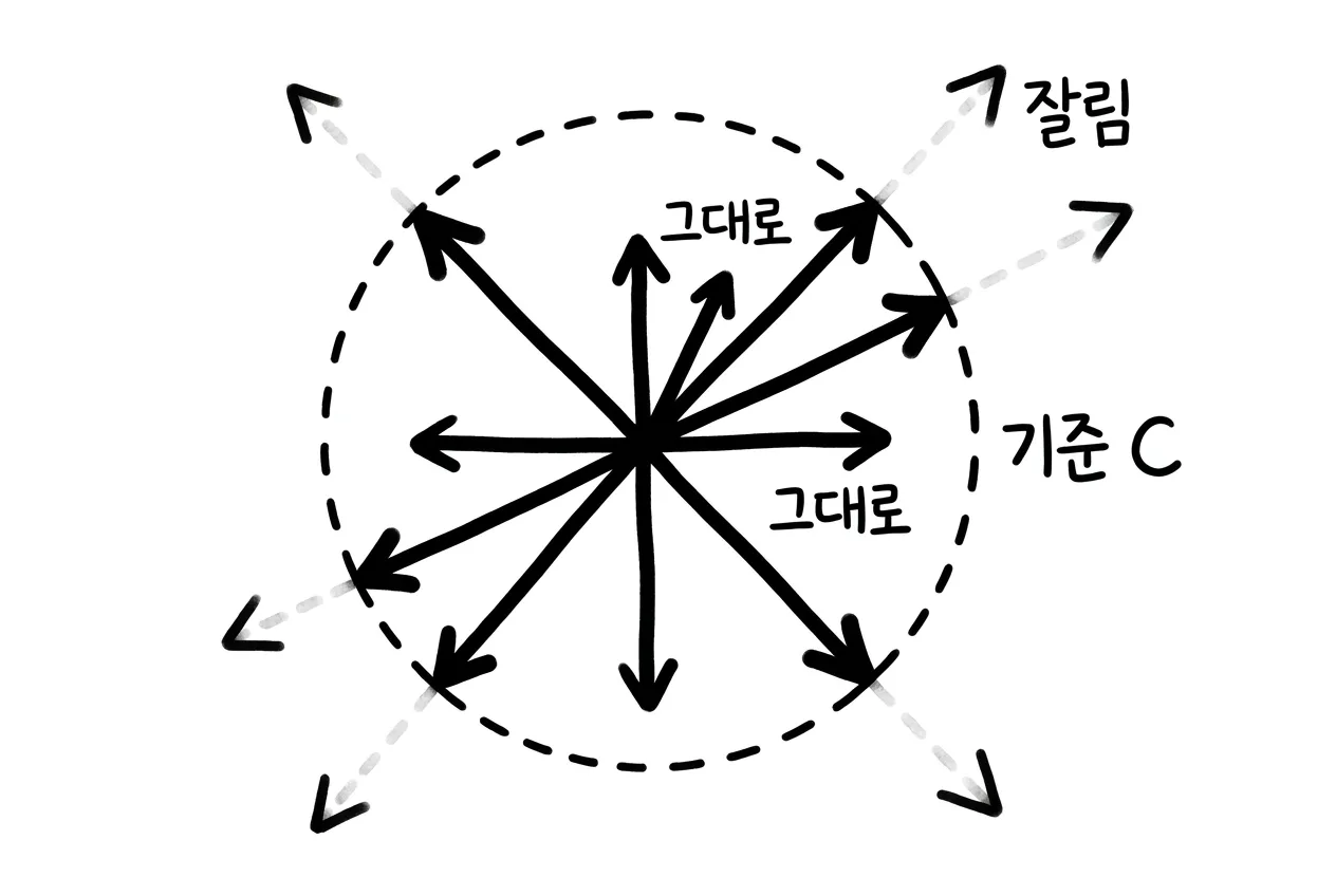 중심에서 뻗는 그래디언트 벡터들 중 기준 C 원 안의 짧은 것은 그대로 두고, 원을 넘는 긴 것은 원 둘레에서 잘려 길이가 C로 맞춰지는 모습