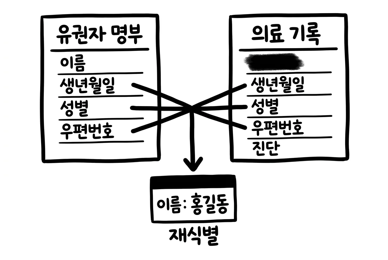 유권자 명부와 이름을 지운 의료 기록이 생년월일·성별·우편번호로 결합되어 재식별되는 과정